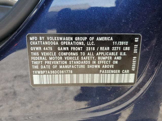 1VWBP7A36DC061778 - 2013 VOLKSWAGEN PASSAT SE BLUE photo 12