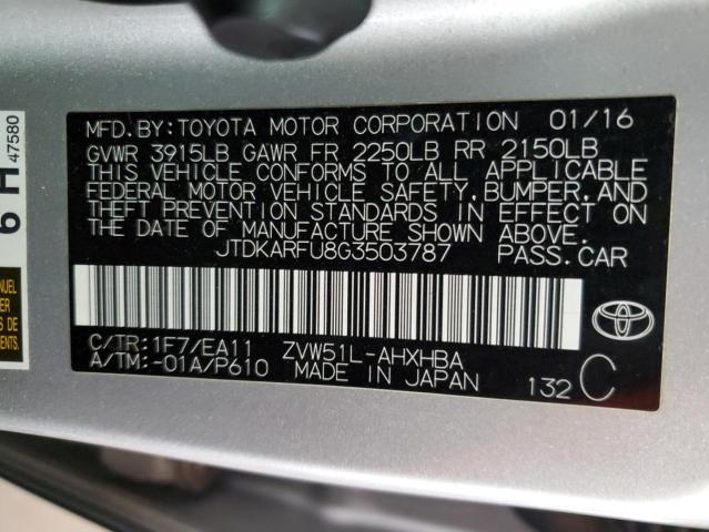 JTDKARFU8G3503787 - 2016 TOYOTA PRIUS SILVER photo 12