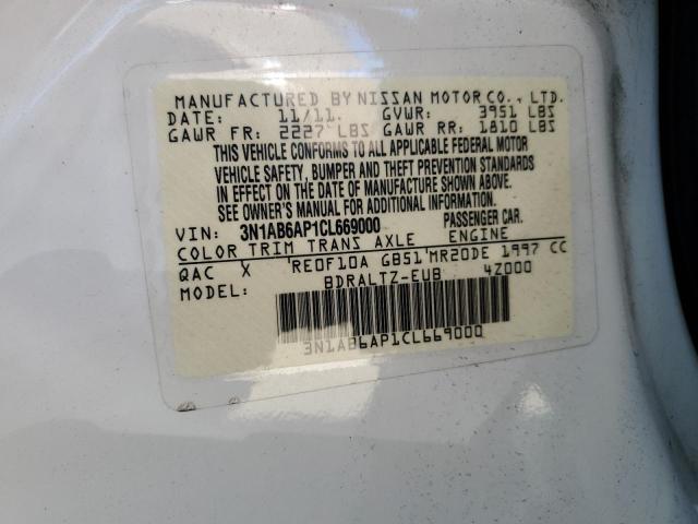 3N1AB6AP1CL669000 - 2012 NISSAN SENTRA 2.0 WHITE photo 12