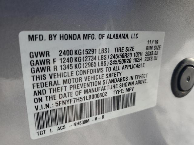 5FNYF7H51LB000802 - 2020 HONDA PASSPORT EXL Gümüş fotoğraf 13