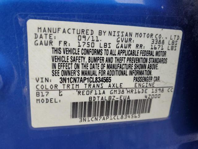 3N1CN7AP1CL834565 - 2012 NISSAN VERSA S BLUE photo 12