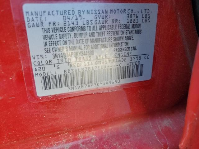 3N1AB7AP3KY344680 - 2019 NISSAN SENTRA S RED photo 12