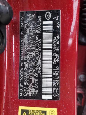 JTHKD5BH0C2100748 - 2012 LEXUS CT 200 RED photo 12