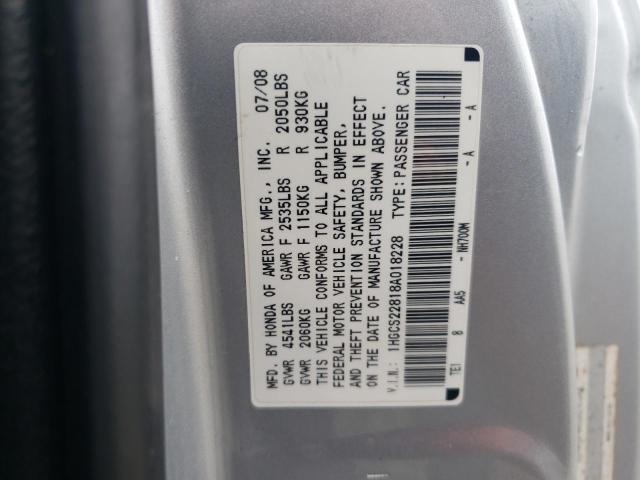 1HGCS22818A018228 - 2008 HONDA ACCORD EXL SILVER photo 12