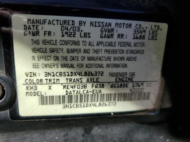 3N1CB51DX4L826372 - 2004 NISSAN SENTRA 1.8 BLACK photo 12