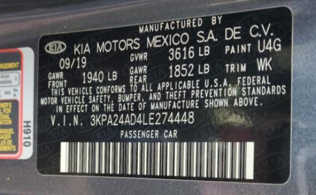 3KPA24AD4LE274448 - 2020 KIA RIO LX CHARCOAL photo 12