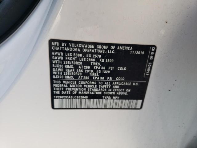 1V26C2CA6LC202845 - 2020 VOLKSWAGEN ATLAS CROS SE WHITE photo 12