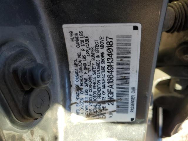 2HGFA16649H340187 - 2009 HONDA CIVIC LX-S 灰色 照片 12