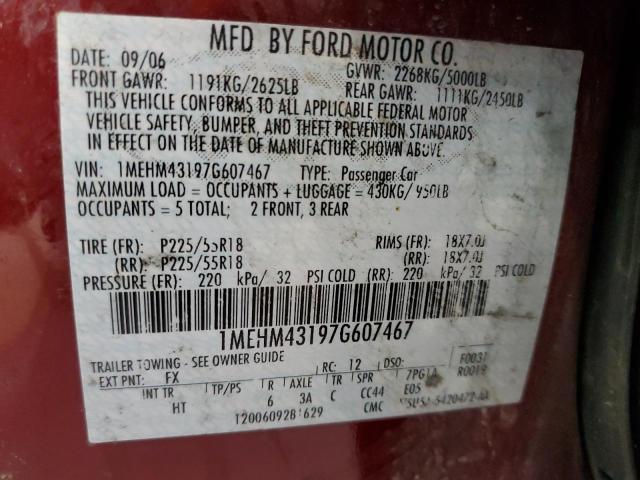 1MEHM43197G607467 - 2007 MERCURY MONTEGO PREMIER BURGUNDY photo 12