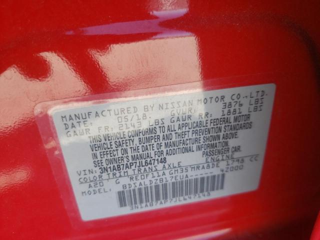 3N1AB7AP7JL647148 - 2018 NISSAN SENTRA S RED photo 10