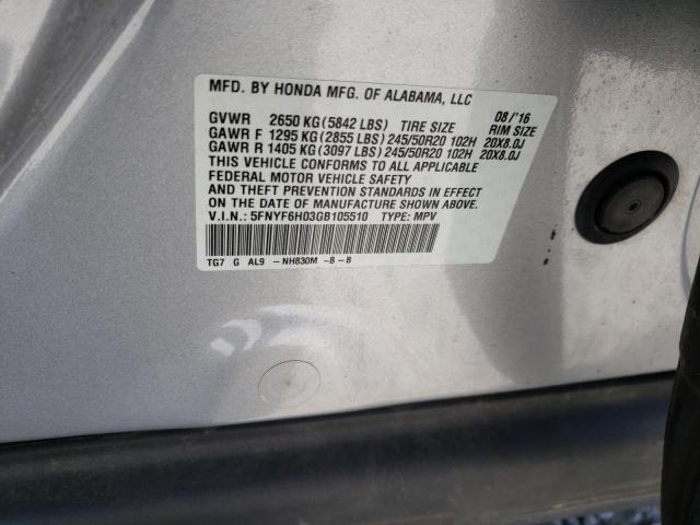 5FNYF6H03GB105510 - 2016 HONDA PILOT ELITE SILVER photo 13