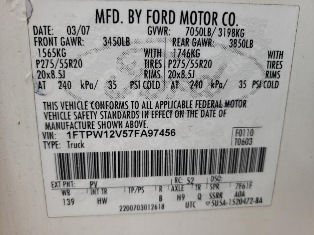 1FTPW12V57FA97456 - 2007 FORD F150 SUPERCREW WHITE photo 12