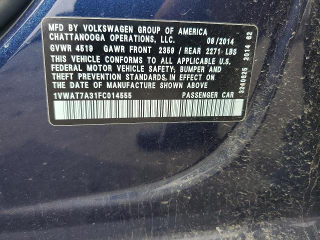 1VWAT7A31FC014555 - 2015 VOLKSWAGEN PASSAT S BLUE photo 13