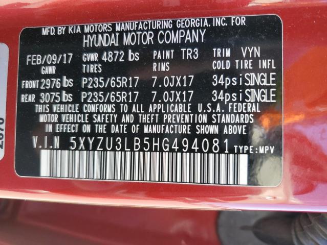 5XYZU3LB5HG494081 - 2017 HYUNDAI SANTA FE S RED photo 12