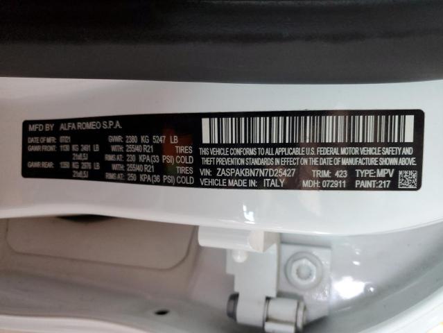ZASPAKBN7N7D25427 - 2022 ALFA ROMEO STELVIO TI WHITE photo 12
