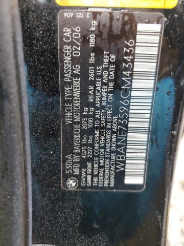 WBANE73596CM43436 - 2006 BMW 5 SERIES I BLACK photo 12