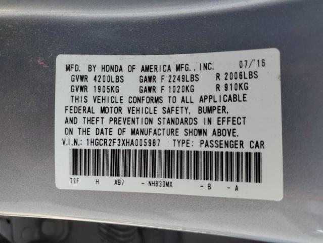 1HGCR2F3XHA005987 - 2017 HONDA ACCORD LX SILVER photo 12