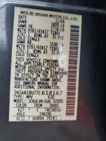 5N1AR18U77C618167 - 2007 NISSAN PATHFINDER LE GRAY photo 12