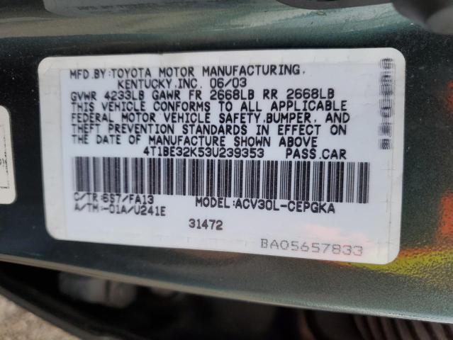 4T1BE32K53U239353 - 2003 TOYOTA CAMRY LE GREEN photo 12