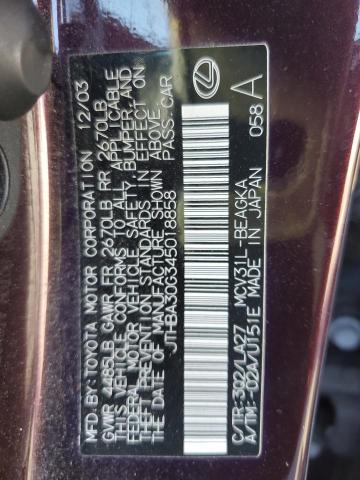 JTHBA30G345018858 - 2004 LEXUS ES 330 MAROON photo 12