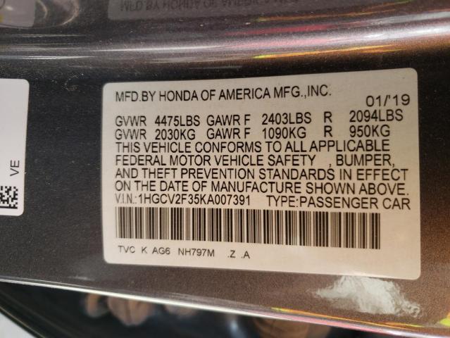 1HGCV2F35KA007391 - 2019 HONDA ACCORD SPORT GRAY photo 12