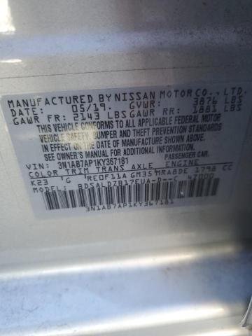 3N1AB7AP1KY367181 - 2019 NISSAN SENTRA S SILVER photo 12