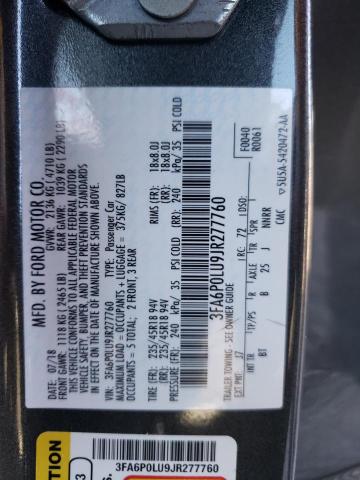 3FA6P0LU9JR277760 - 2018 FORD FUSION SE HYBRID GRAY photo 12