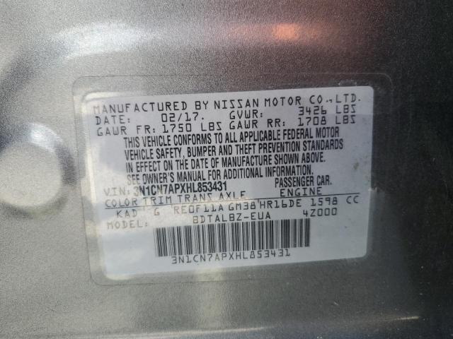 3N1CN7APXHL853431 - 2017 NISSAN VERSA S GRAY photo 12