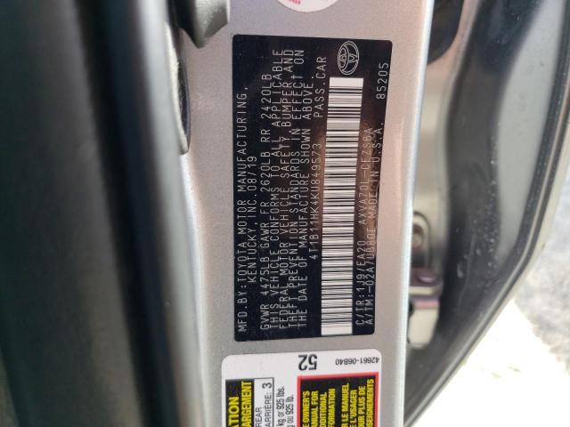 4T1B11HK4KU849573 - 2019 TOYOTA CAMRY L SILVER photo 12