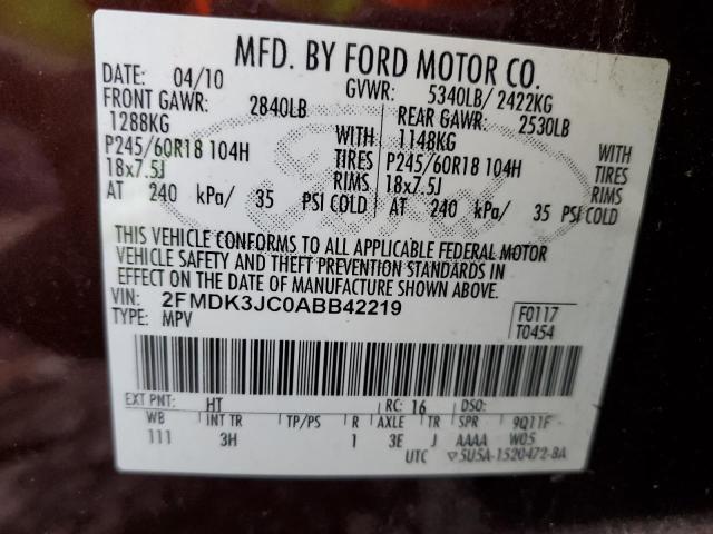 2FMDK3JC0ABB42219 - 2010 FORD EDGE SEL BURGUNDY photo 12