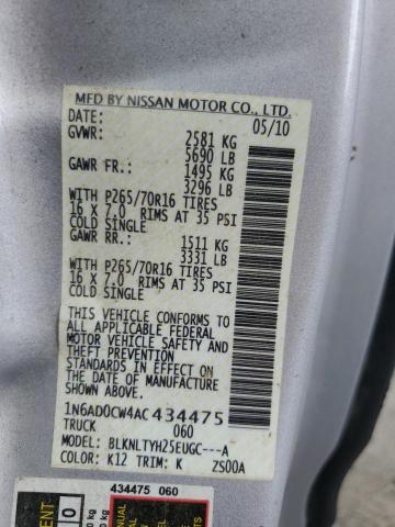 1N6AD0CW4AC434475 - 2010 NISSAN FRONTIER KING CAB SE SILVER photo 12