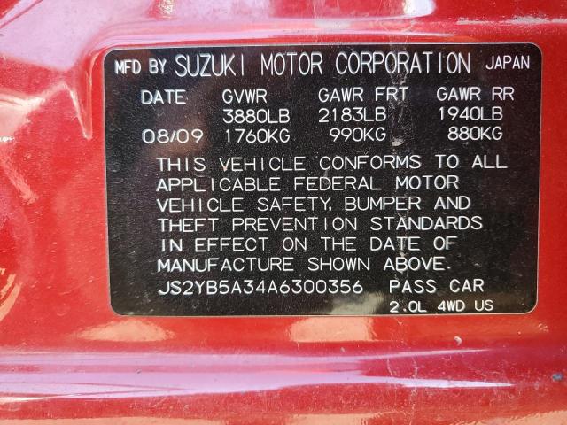 JS2YB5A34A6300356 - 2010 SUZUKI SX4 RED photo 12