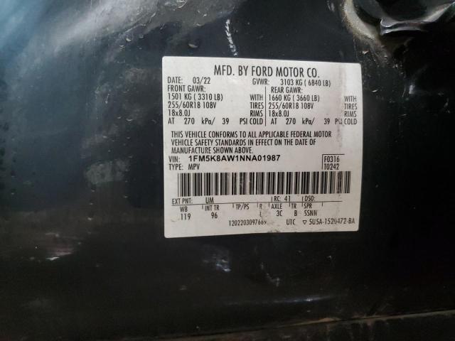 1FM5K8AW1NNA01987 - 2022 FORD EXPLORER POLICE INTERCEPTOR შავი ფოტო 12