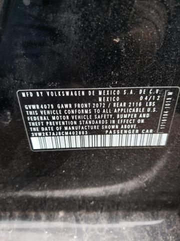 3VW2K7AJ8CM402883 - 2012 VOLKSWAGEN JETTA BASE 黑色 照片 12