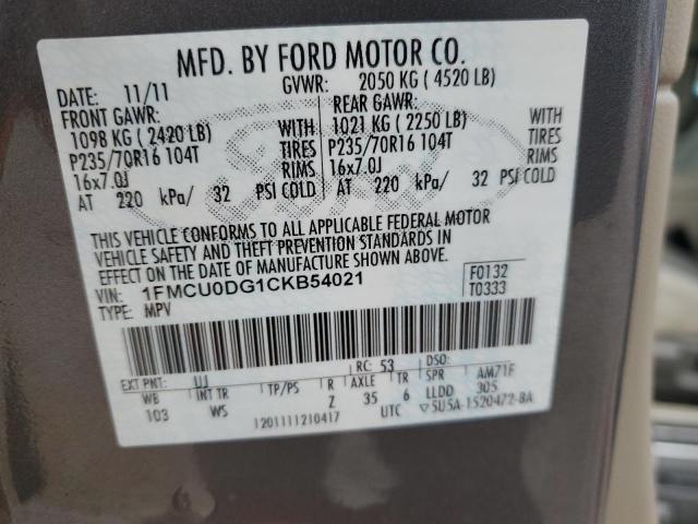 1FMCU0DG1CKB54021 - 2012 FORD ESCAPE XLT GRAY photo 13