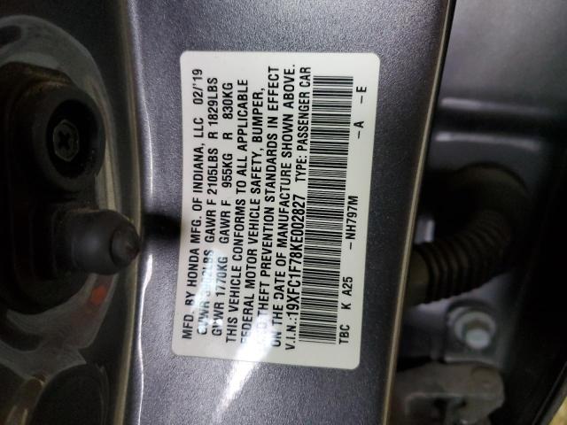 19XFC1F78KE002827 - 2019 HONDA CIVIC EXL GRAY photo 12