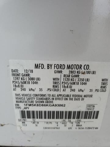 1FM5K8D86KGA93062 - 2019 FORD EXPLORER XLT أبيض صورة 13