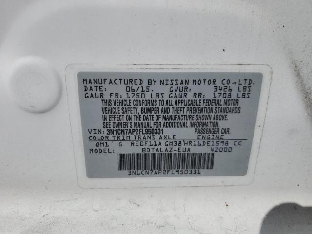 3N1CN7AP2FL950331 - 2015 NISSAN VERSA S WHITE photo 12