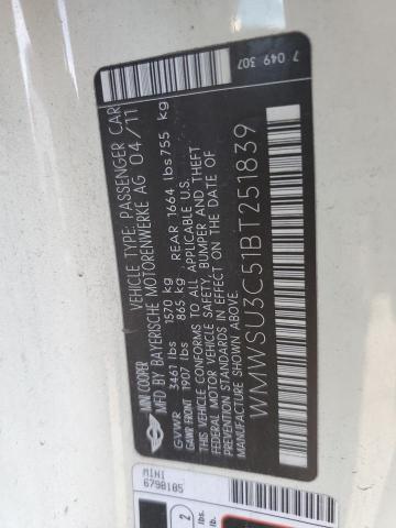 WMWSU3C51BT251839 - 2011 MINI COOPER CREAM photo 12
