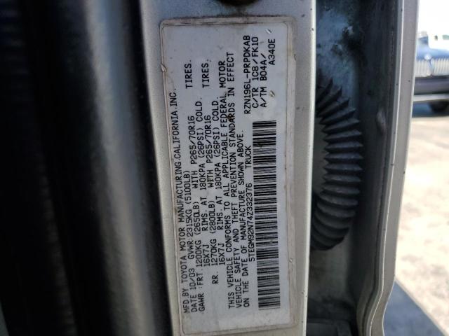 5TEGM92N74Z332376 - 2004 TOYOTA TACOMA DOUBLE CAB PRERUNNER SILVER photo 12