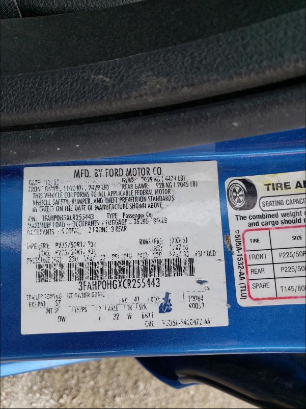 3FAHP0HGXCR255443 - 2012 FORD FUSION SE BLUE photo 10