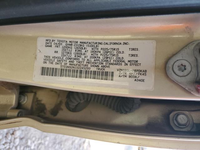 5TEGN92N13Z245293 - 2003 TOYOTA TACOMA DOUBLE CAB PRERUNNER GOLD photo 12