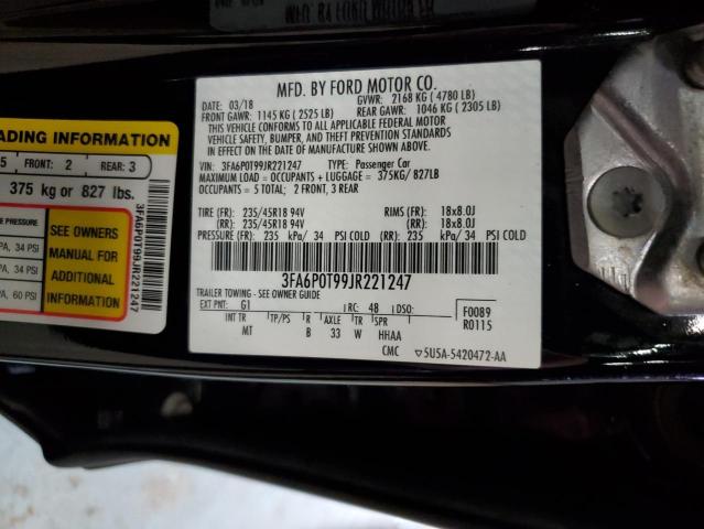 3FA6P0T99JR221247 - 2018 FORD FUSION SE BLACK photo 12