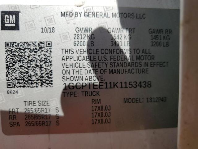 1GCPTEE11K1153438 - 2019 CHEVROLET COLORADO ZR2 WHITE photo 12