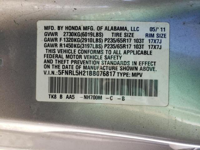 5FNRL5H21BB076817 - 2011 HONDA ODYSSEY LX GRAY photo 14