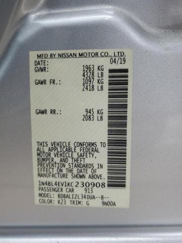 1N4BL4EV1KC230908 - 2019 NISSAN ALTIMA SL SILVER photo 12