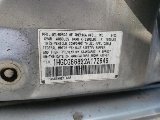 1HGCG66822A172649 - 2002 HONDA ACCORD EX SILVER photo 12