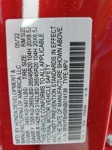 5FNYF8H58NB014138 - 2022 HONDA PASSPORT EXL RED photo 13
