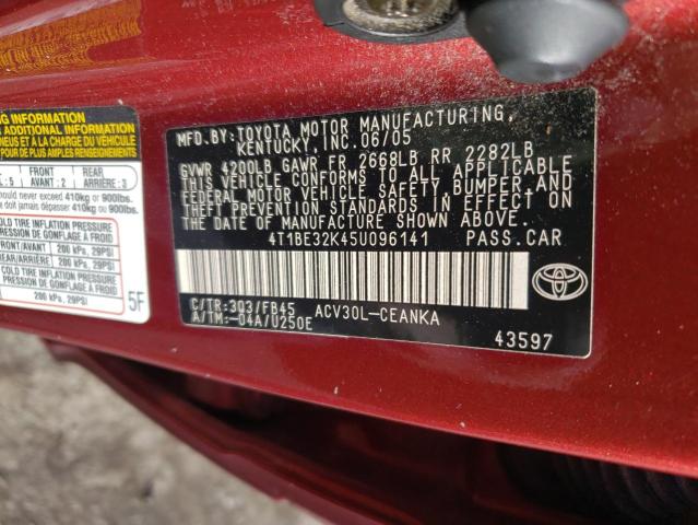 4T1BE32K45U096141 - 2005 TOYOTA CAMRY LE RED photo 12