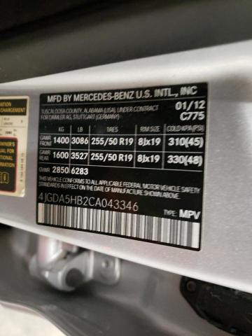 4JGDA5HB2CA043346 - 2012 MERCEDES-BENZ ML 350 4MATIC SILVER photo 13